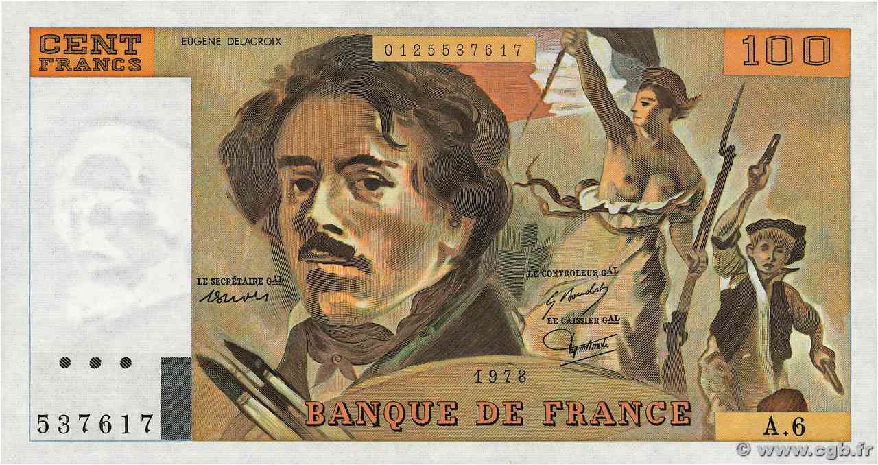 100 Francs DELACROIX modifié FRANCE  1978 F.69.01d AU