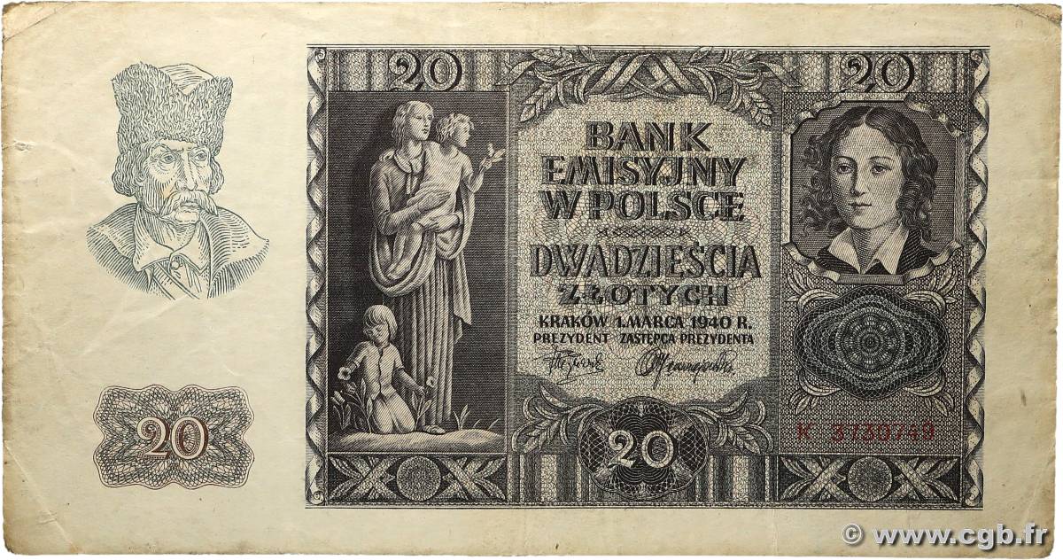 20 Zlotych POLOGNE  1940 P.095 TB