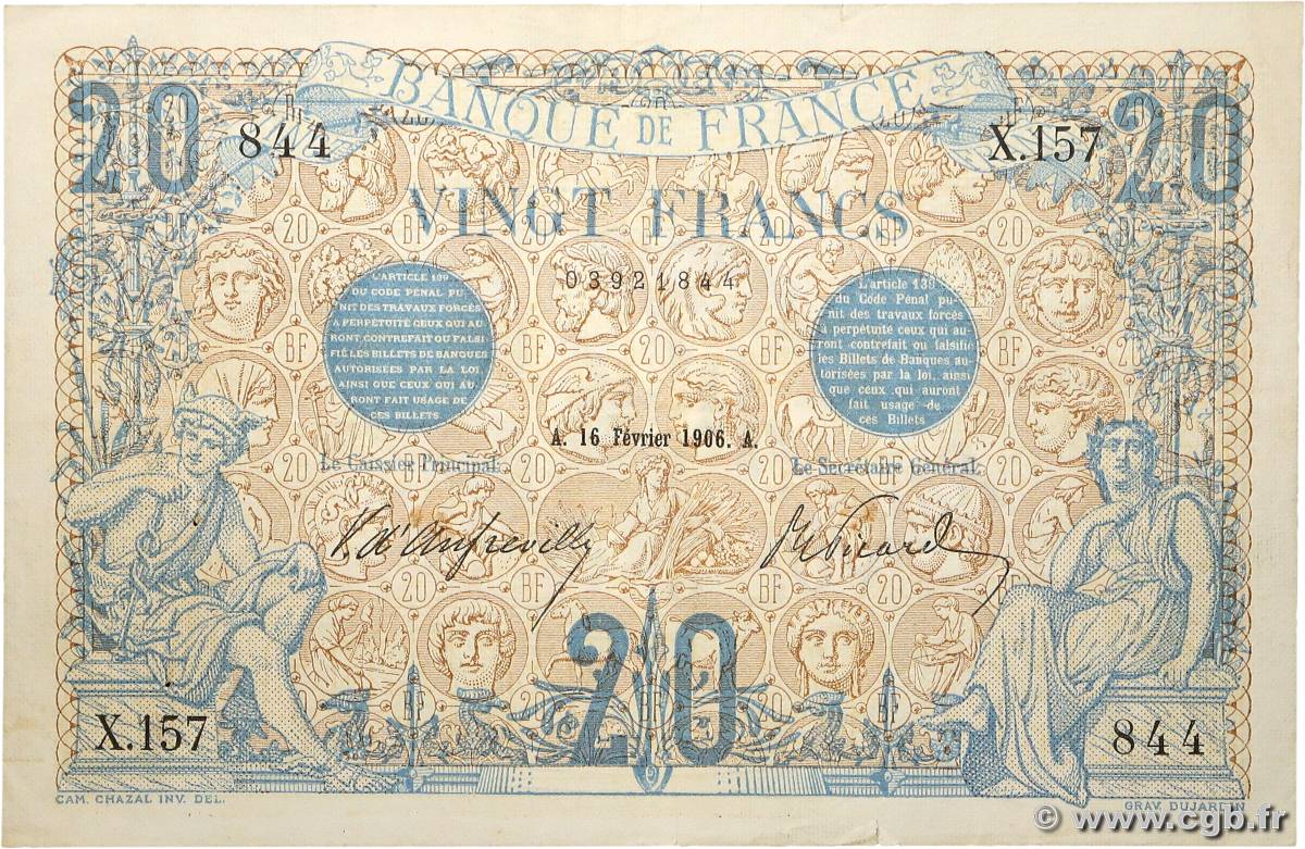 20 Francs BLEU FRANCIA  1906 F.10.01 MBC+