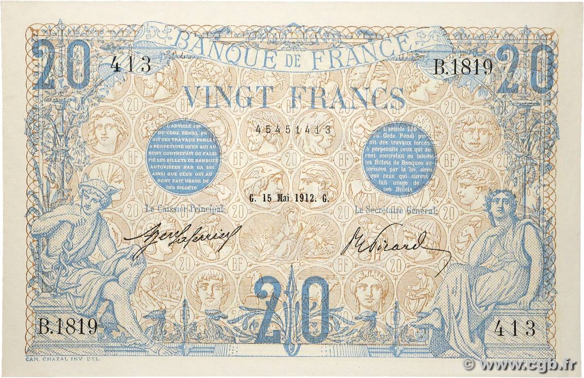 20 Francs BLEU FRANCIA  1912 F.10.02 SC+