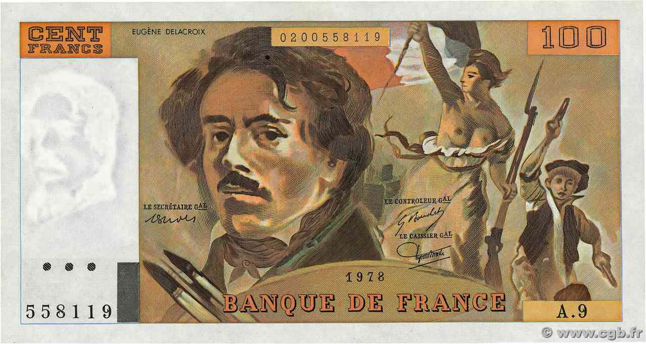 100 Francs DELACROIX modifié FRANCIA  1978 F.69.01h q.FDC
