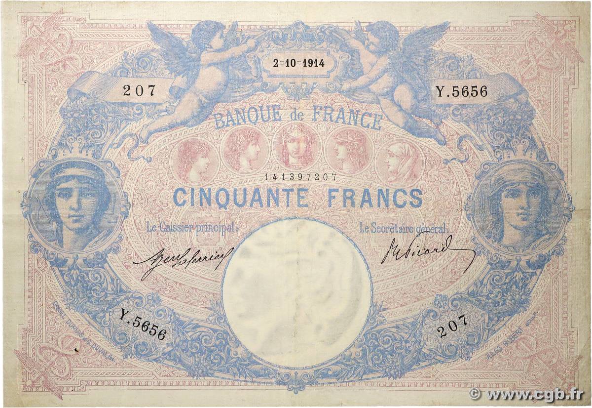 50 Francs BLEU ET ROSE FRANCIA  1914 F.14.27 BC+