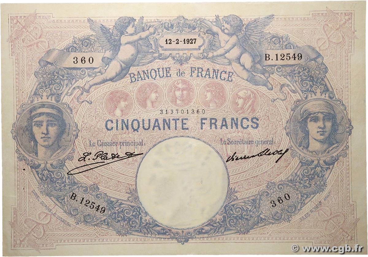 50 Francs BLEU ET ROSE FRANCIA  1927 F.14.40 MBC+