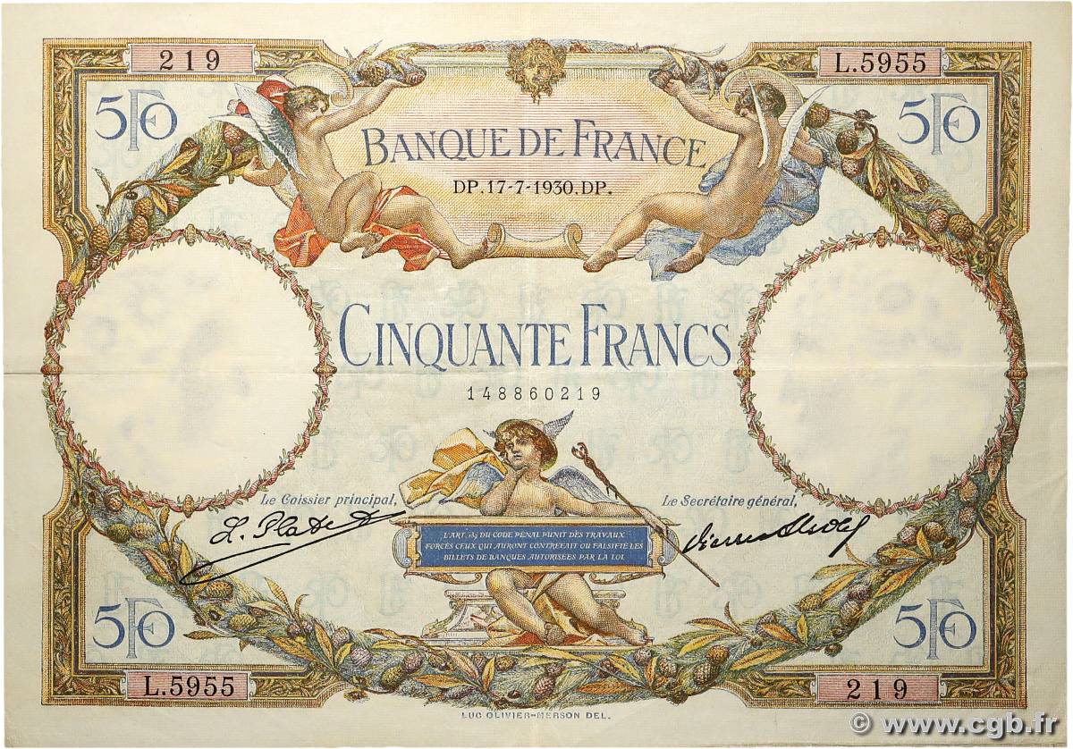 50 Francs LUC OLIVIER MERSON FRANCIA  1930 F.15.04a MBC+