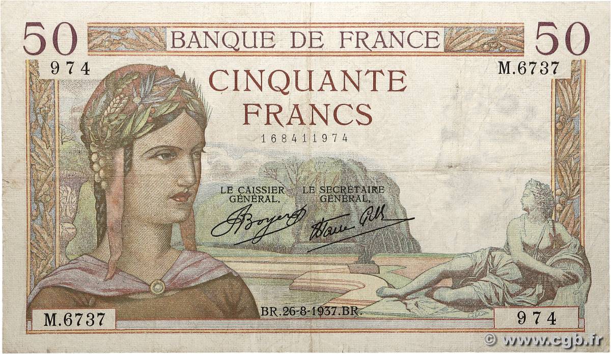 50 Francs CÉRÈS modifié FRANCE  1937 F.18.02 TB