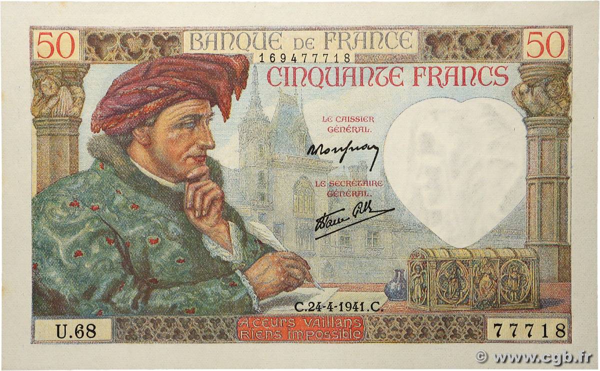 50 Francs JACQUES CŒUR FRANCIA  1941 F.19.09 SC+