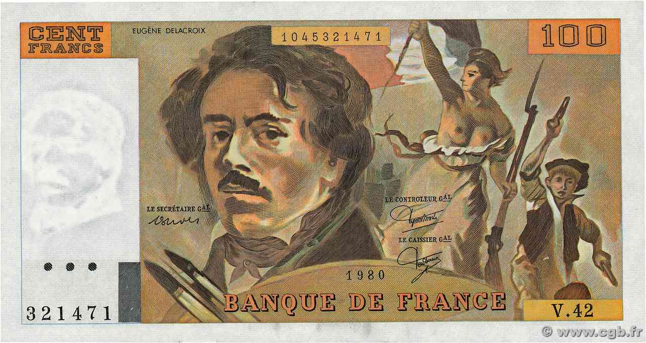 100 Francs DELACROIX modifié FRANCE  1980 F.69.04b UNC-
