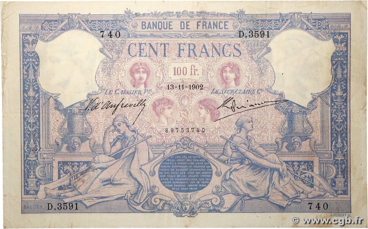 100 Francs BLEU ET ROSE FRANCIA  1902 F.21.16 BC+