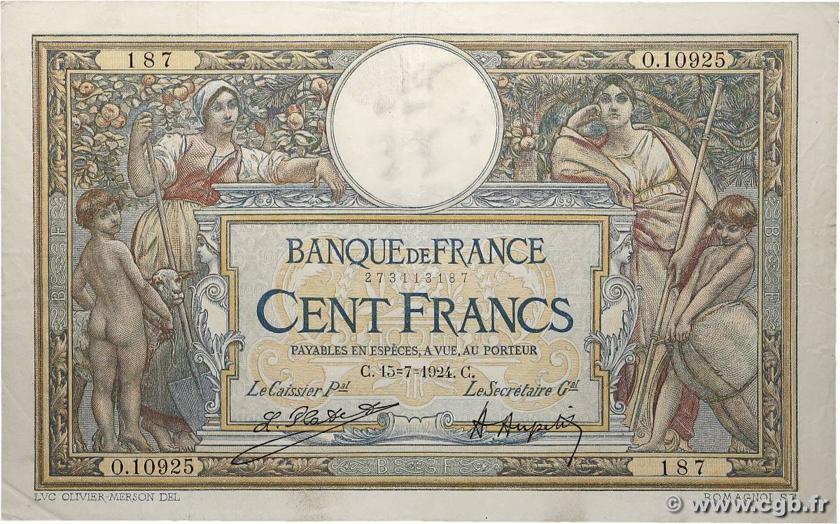 100 Francs LUC OLIVIER MERSON grands cartouches FRANKREICH  1924 F.24.02 SS