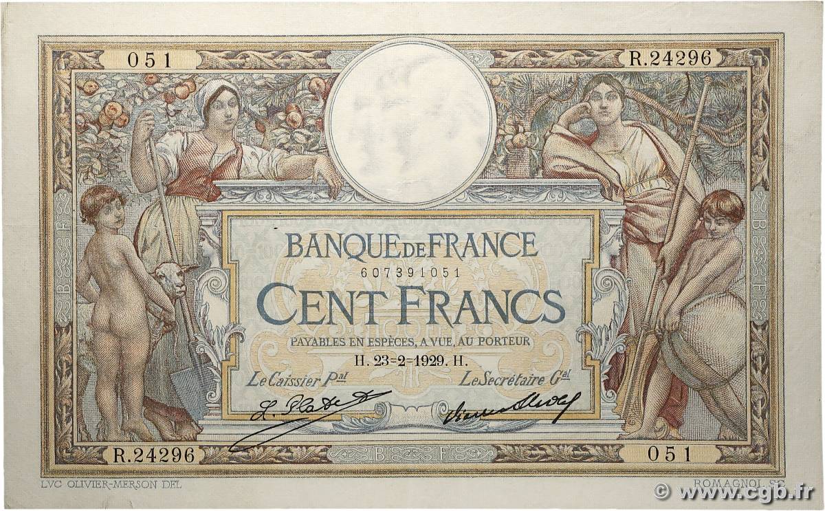100 Francs LUC OLIVIER MERSON grands cartouches FRANCE  1929 F.24.08 VF