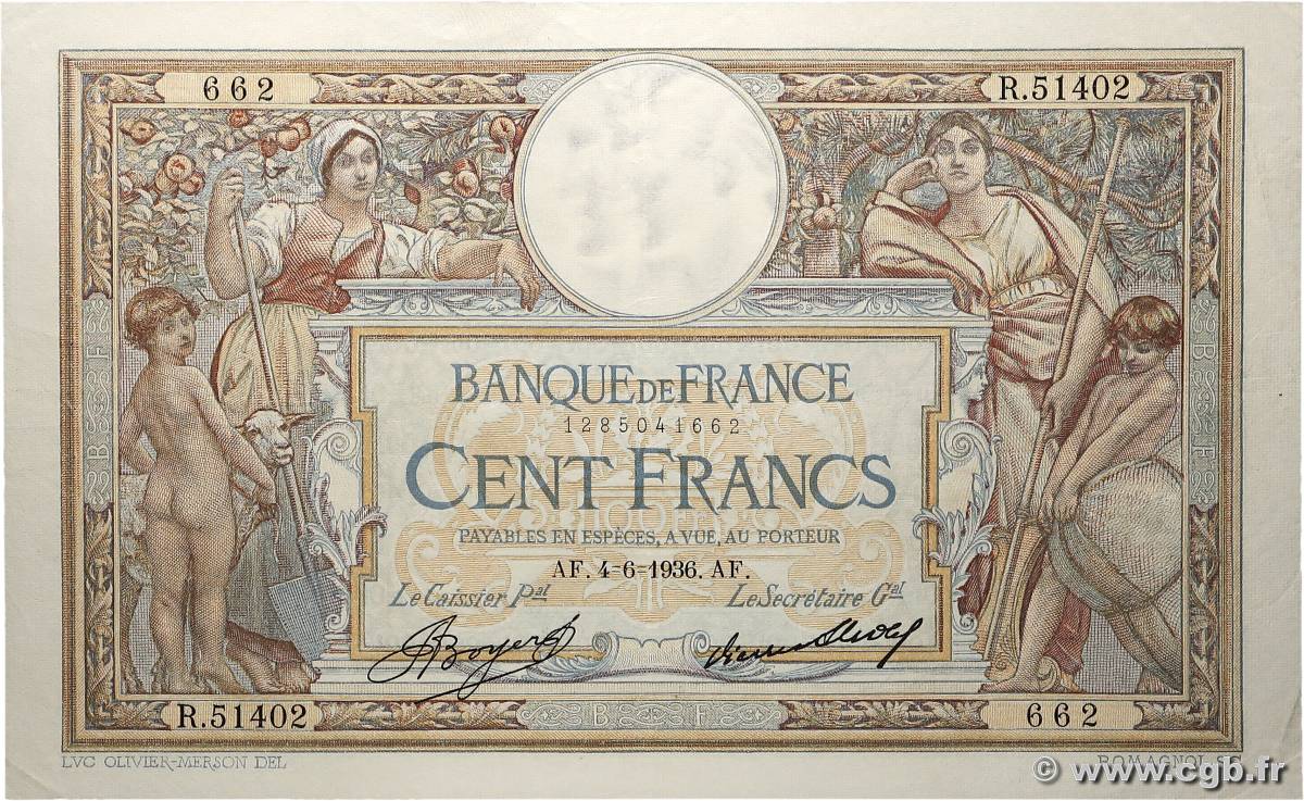 100 Francs LUC OLIVIER MERSON grands cartouches FRANCE  1936 F.24.15 VF+