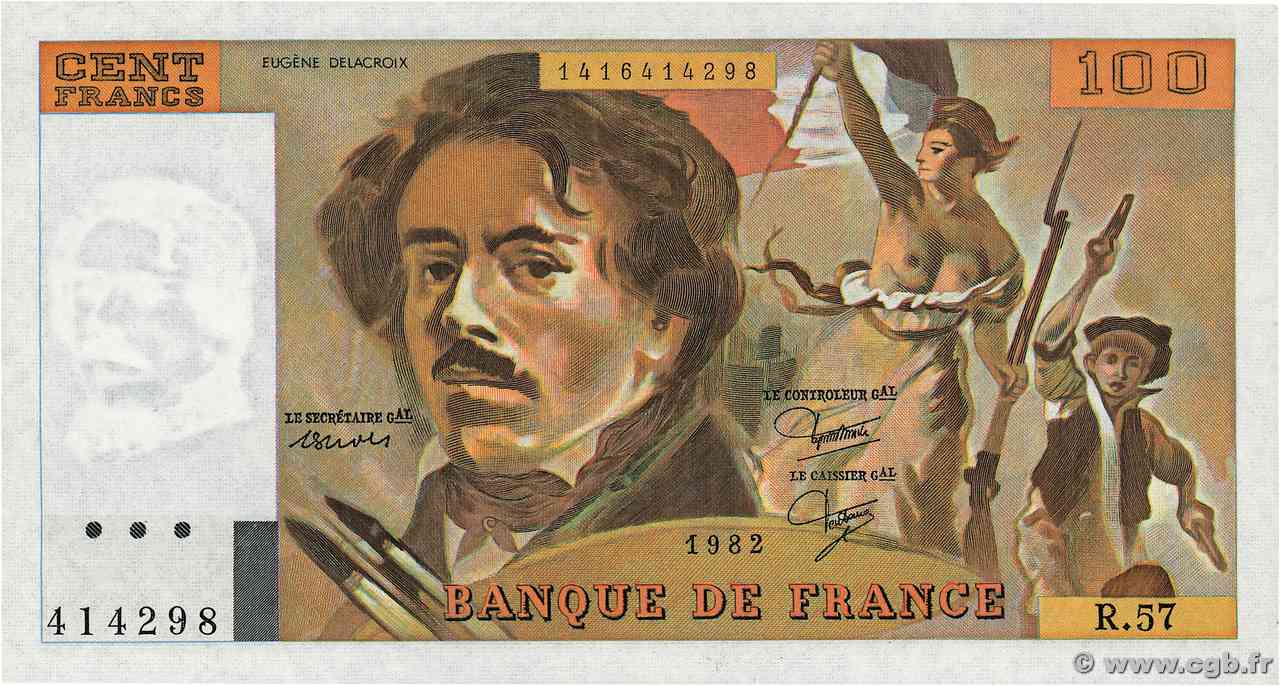 100 Francs DELACROIX modifié FRANCE  1982 F.69.06 UNC-