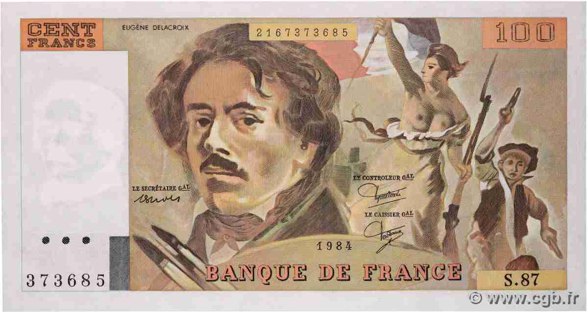 100 Francs DELACROIX modifié FRANCE  1984 F.69.08a SPL+