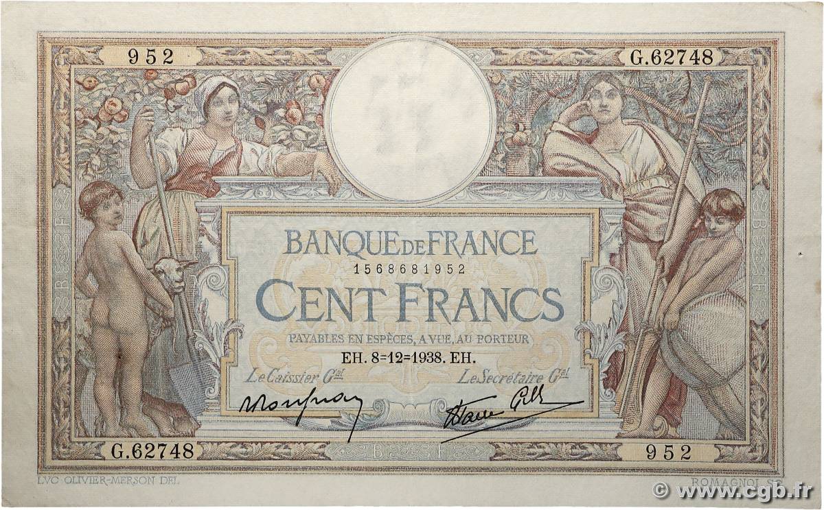 100 Francs LUC OLIVIER MERSON type modifié FRANCE  1938 F.25.36 TTB+