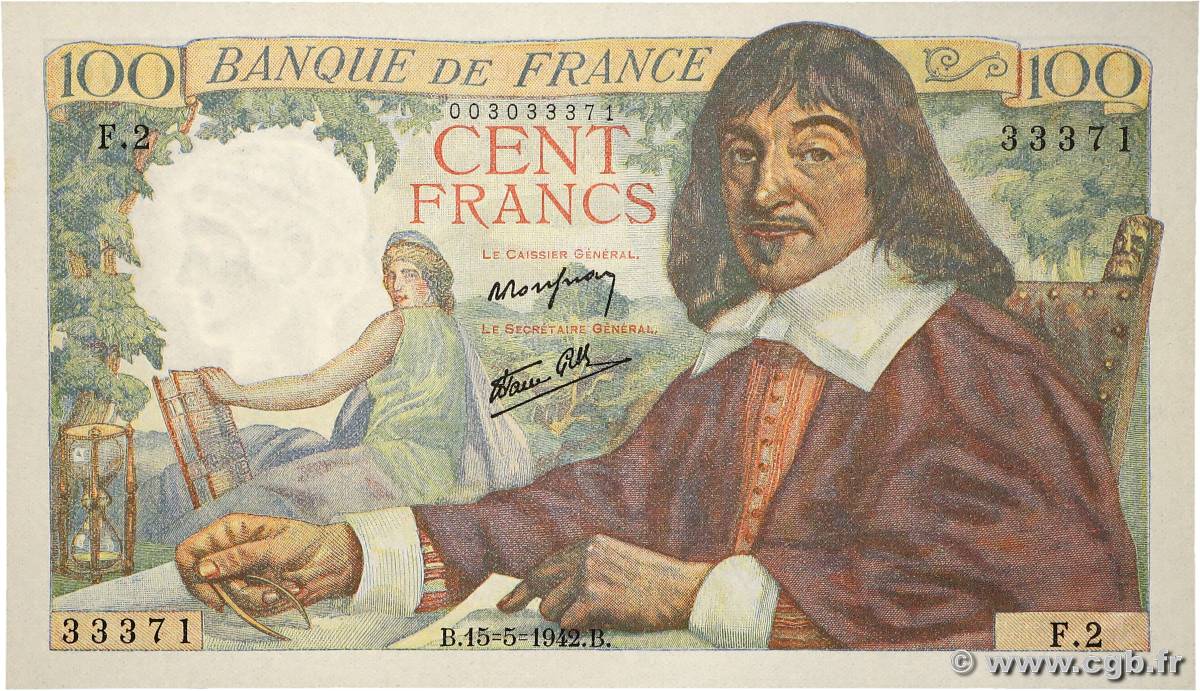 100 Francs DESCARTES FRANCIA  1942 F.27.01 SC