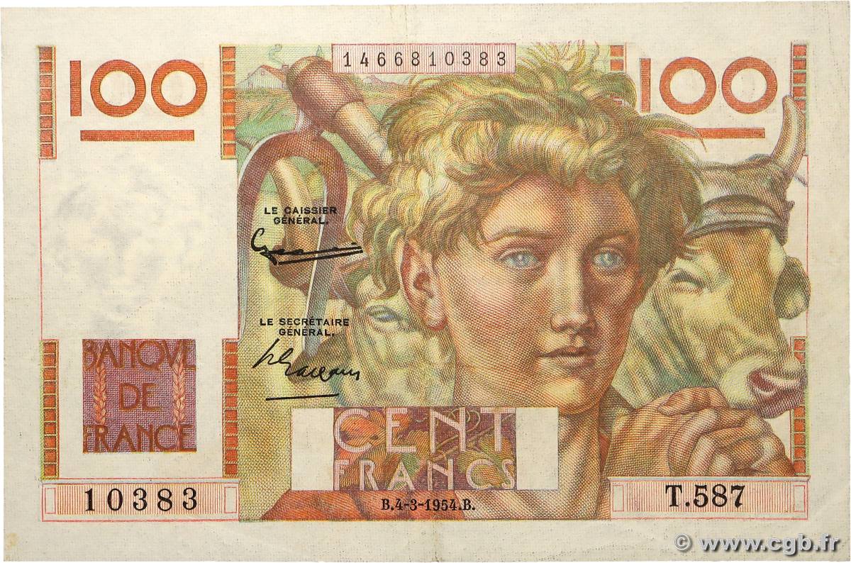 100 Francs JEUNE PAYSAN filigrane inversé FRANCE  1954 F.28bis.05 TTB+