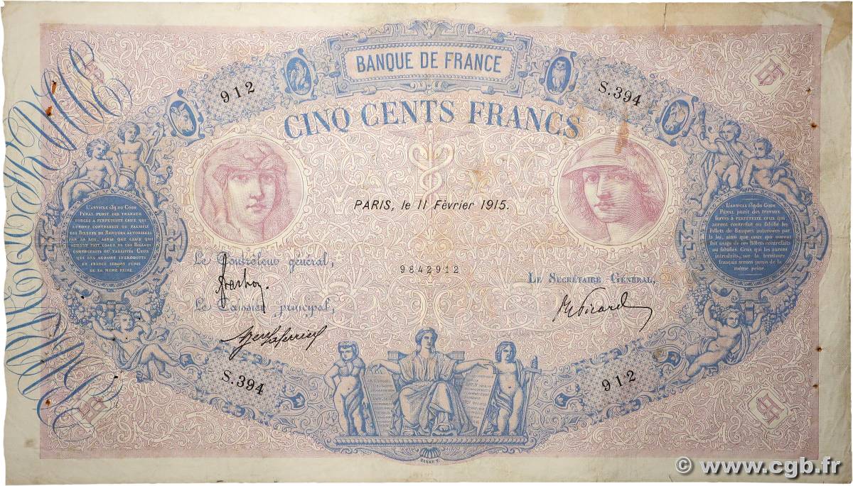500 Francs BLEU ET ROSE FRANCIA  1915 F.30.22 BC