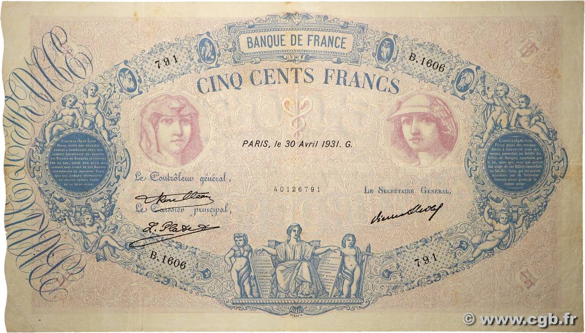 500 Francs BLEU ET ROSE FRANCIA  1931 F.30.34 BC+