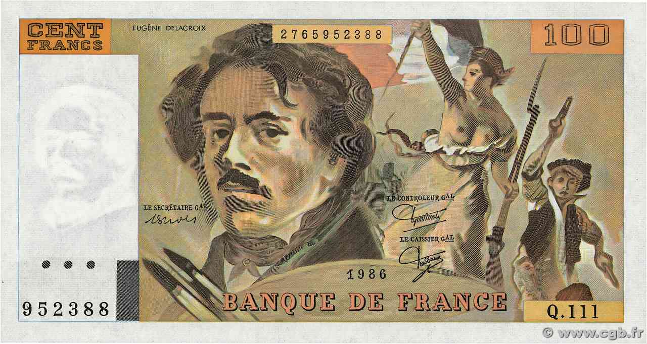 100 Francs DELACROIX modifié FRANCE  1986 F.69.10 NEUF