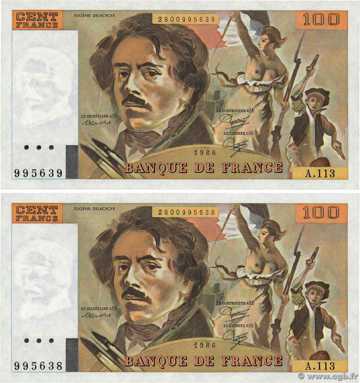 100 Francs DELACROIX modifié Consécutifs FRANCE  1986 F.69.10 UNC-