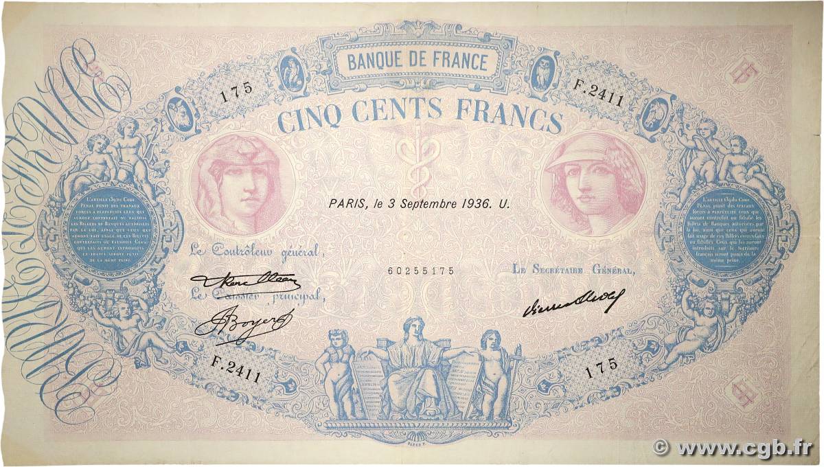 500 Francs BLEU ET ROSE FRANCIA  1936 F.30.37 MBC+