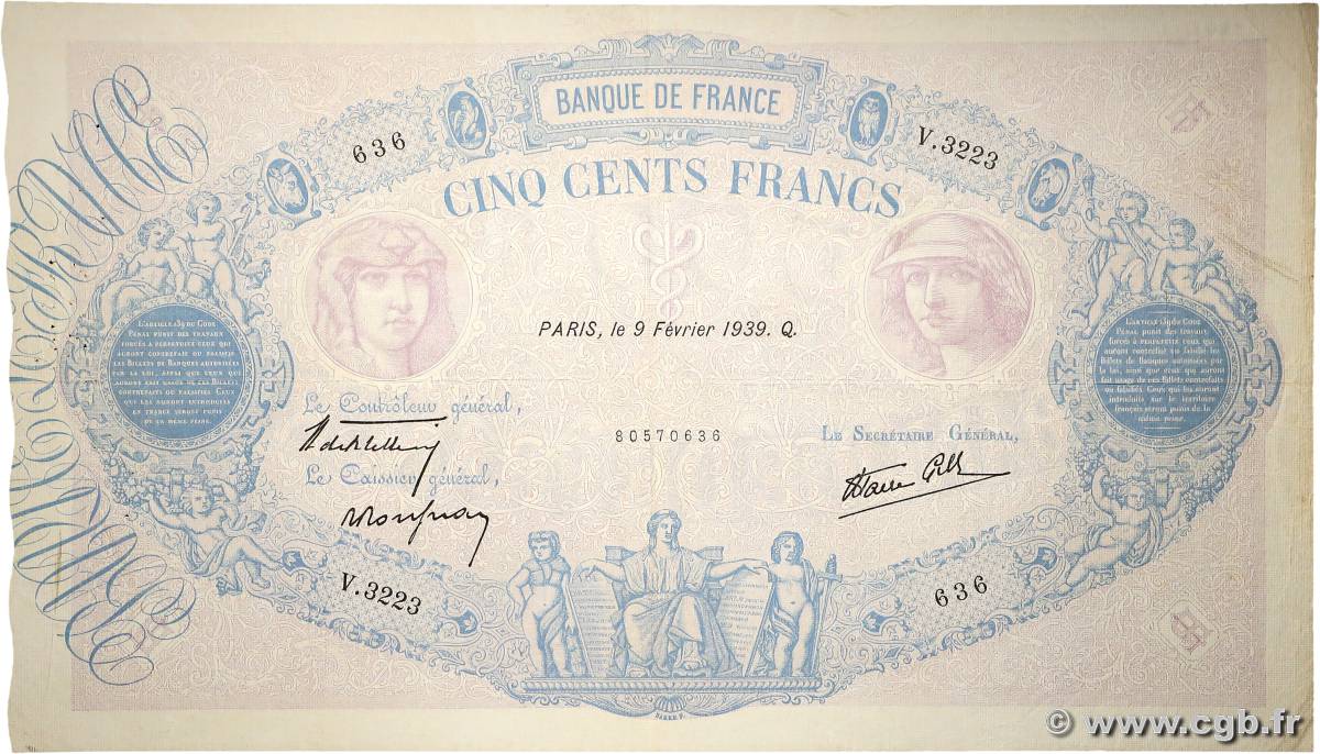 500 Francs BLEU ET ROSE modifié Numéro radar FRANCIA  1939 F.31.25 MBC