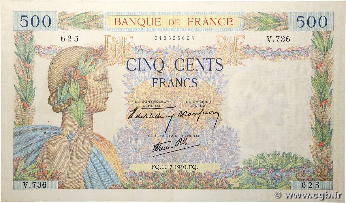 500 Francs LA PAIX FRANCIA  1940 F.32.04 EBC