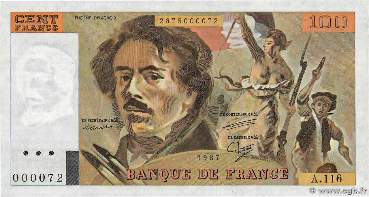 100 Francs DELACROIX modifié Petit numéro FRANCIA  1987 F.69.11A116 FDC