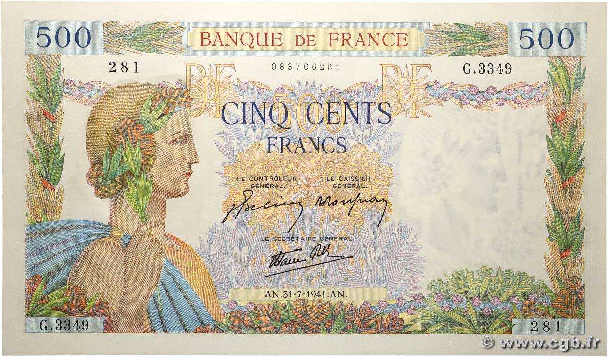 500 Francs LA PAIX FRANCE  1941 F.32.20 NEUF
