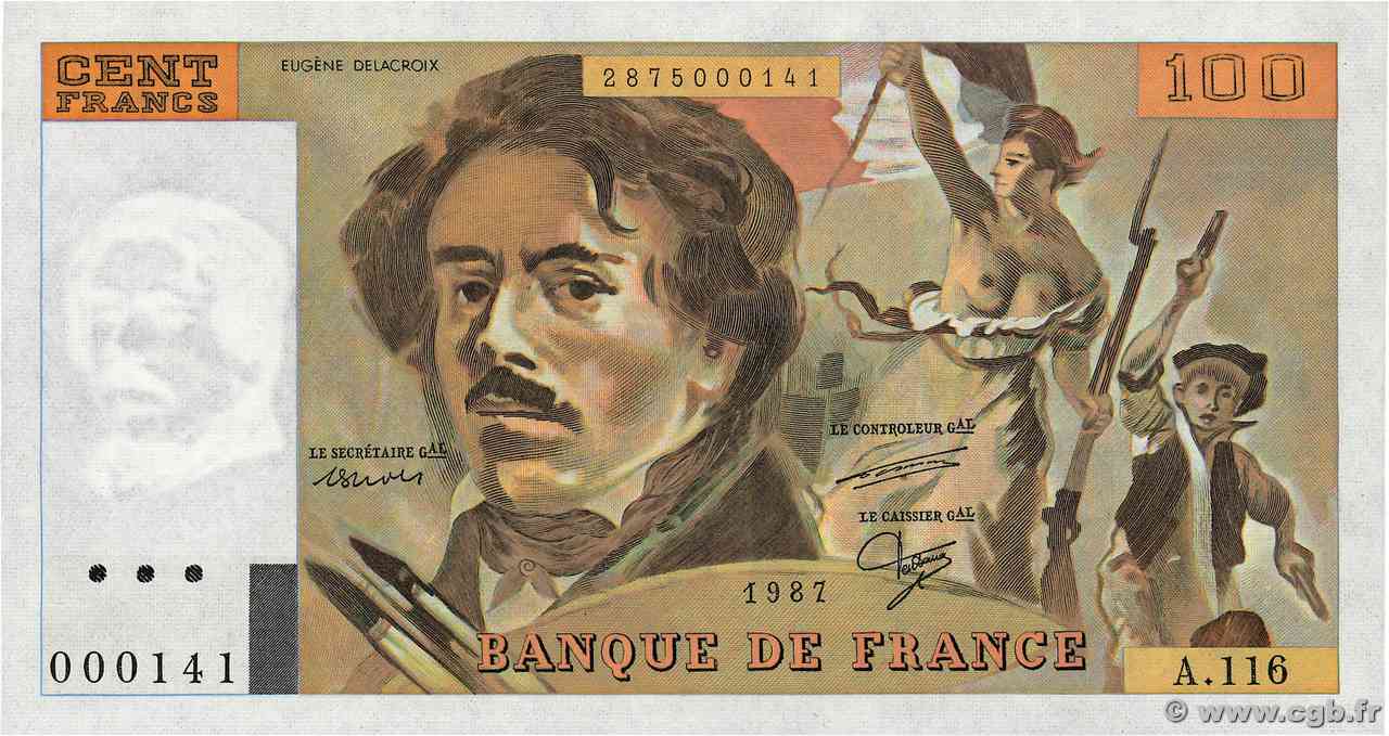 100 Francs DELACROIX modifié Petit numéro FRANCIA  1987 F.69.11A116 FDC