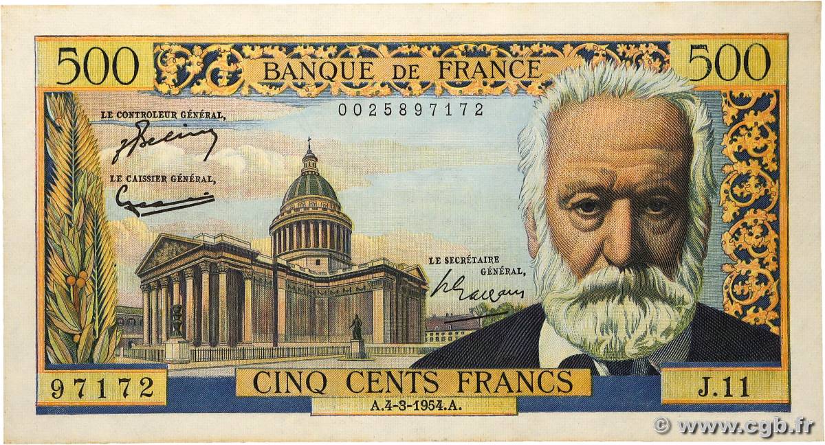 500 Francs VICTOR HUGO FRANKREICH  1954 F.35.02 fST+