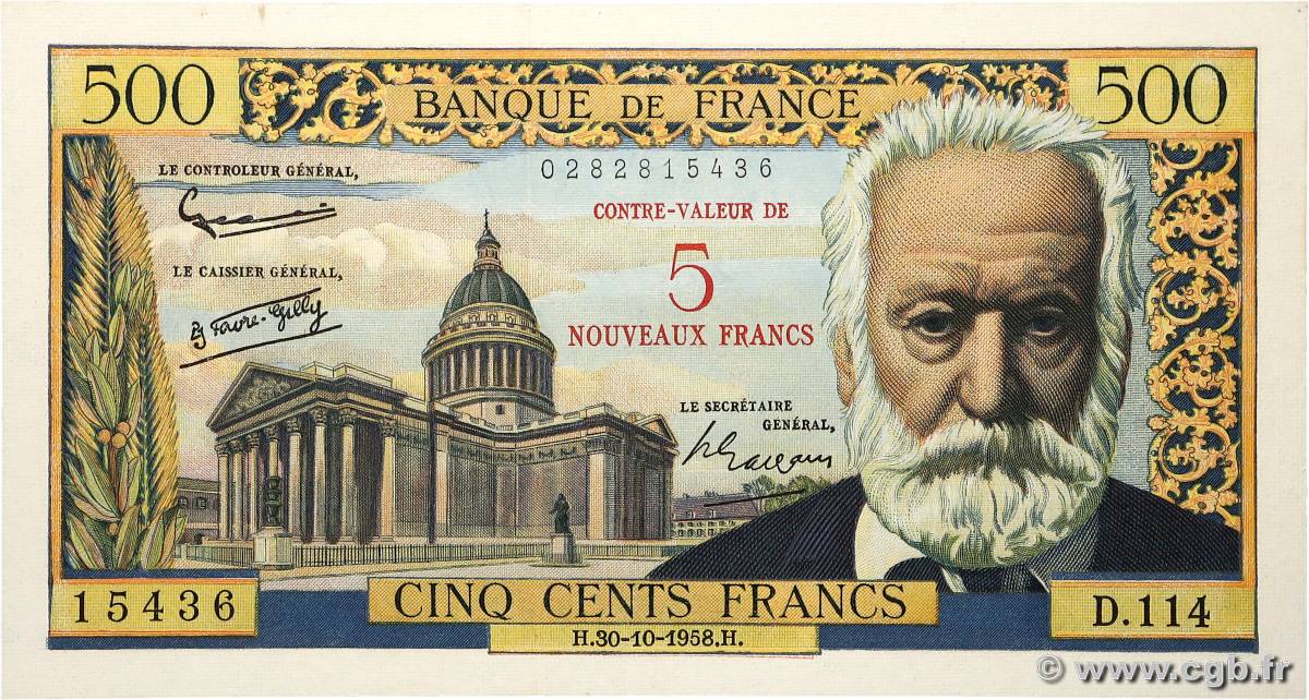 5 NF sur 500 Francs Victor HUGO FRANCIA  1958 F.52.01 EBC+