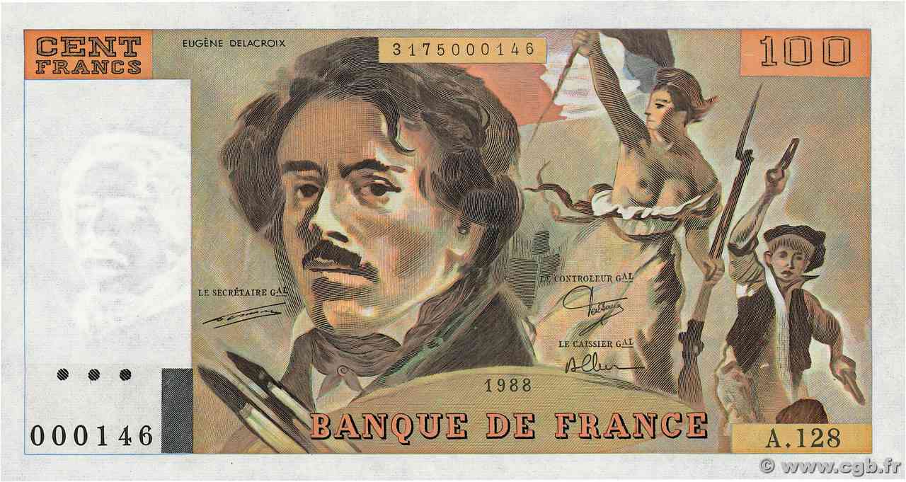 100 Francs DELACROIX modifié Petit numéro FRANCE  1988 F.69.12A128 NEUF