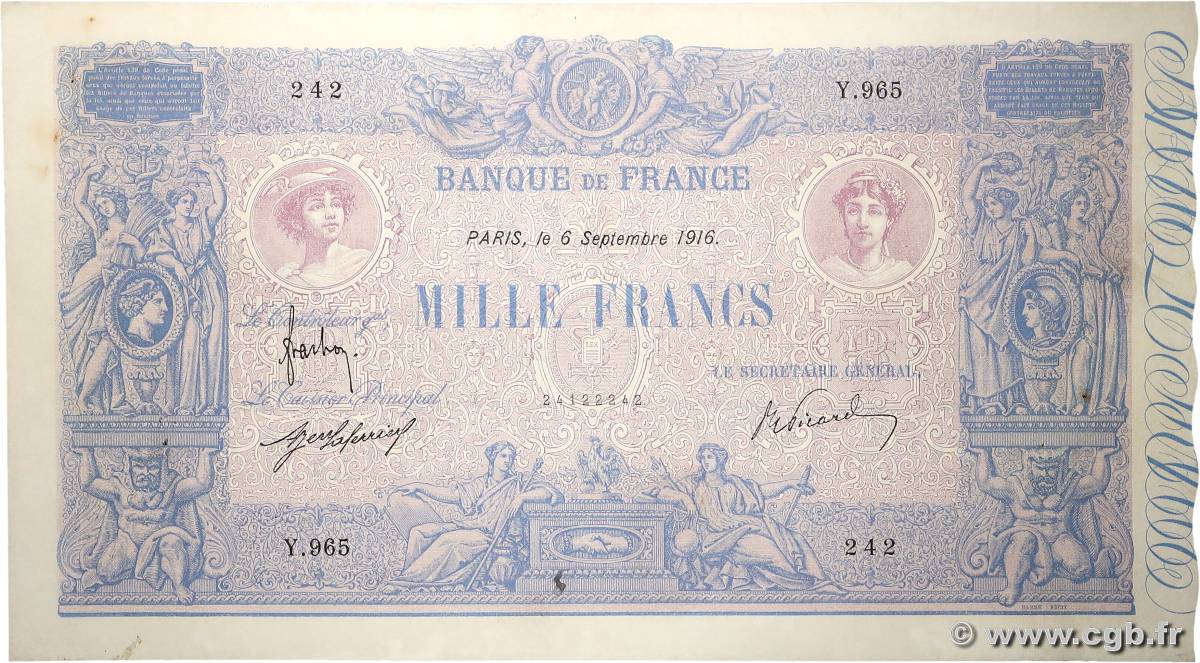 1000 Francs BLEU ET ROSE FRANCIA  1916 F.36.30 MBC+