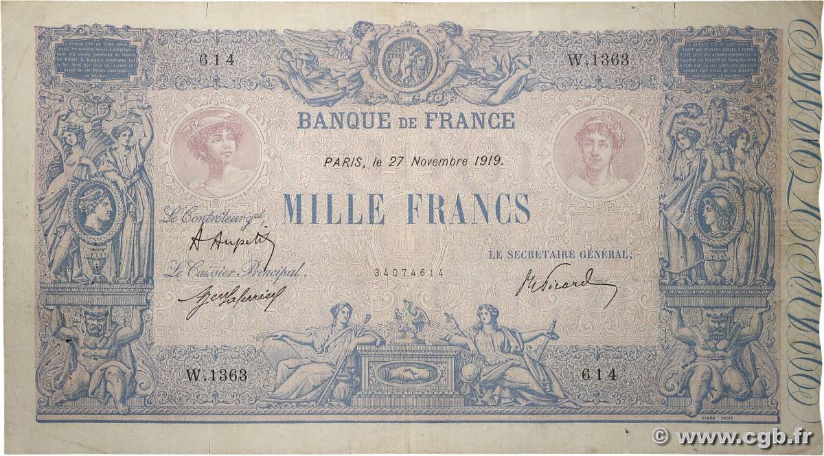 1000 Francs BLEU ET ROSE FRANCIA  1919 F.36.34 BC