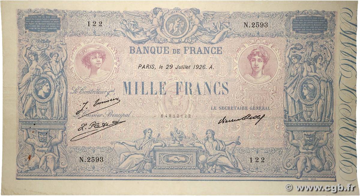 1000 Francs BLEU ET ROSE FRANCIA  1926 F.36.43 MBC