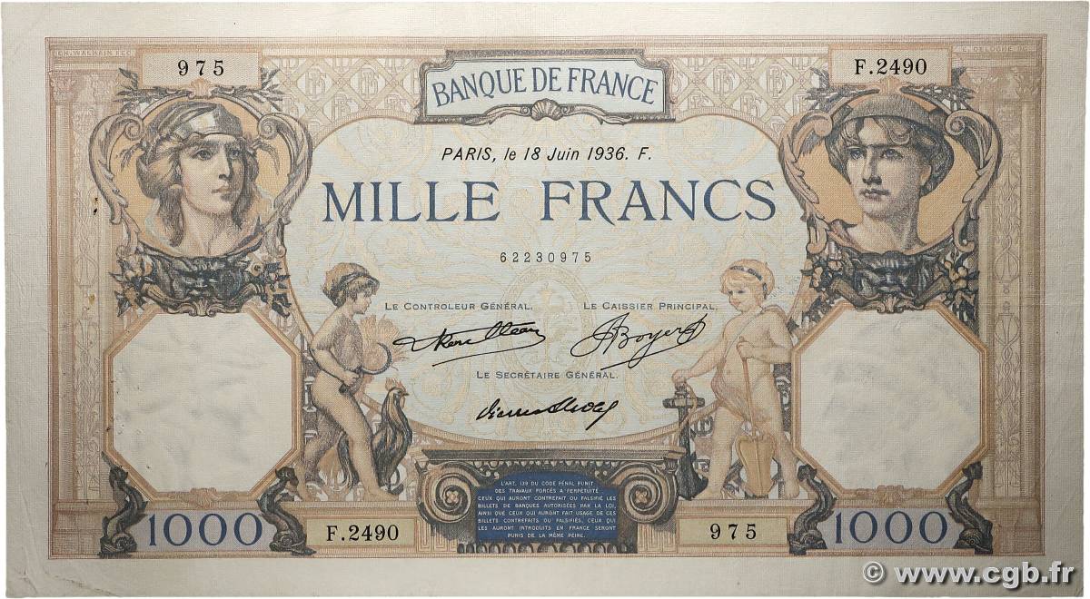 1000 Francs CÉRÈS ET MERCURE FRANCE  1936 F.37.09 VF