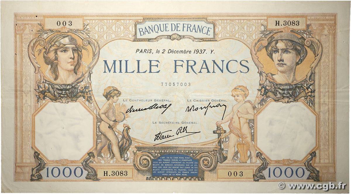 1000 Francs CÉRÈS ET MERCURE type modifié FRANCIA  1937 F.38.05 MBC