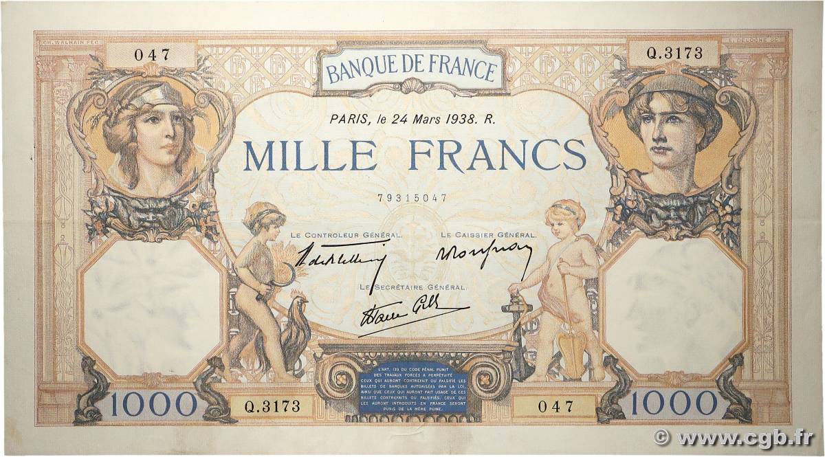 1000 Francs CÉRÈS ET MERCURE type modifié FRANCIA  1938 F.38.09 MBC+