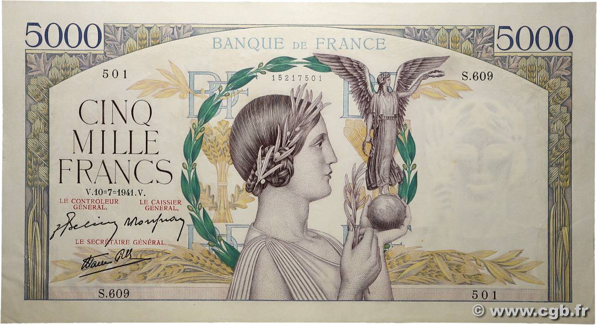 5000 Francs VICTOIRE Impression à plat FRANCIA  1941 F.46.23 EBC+