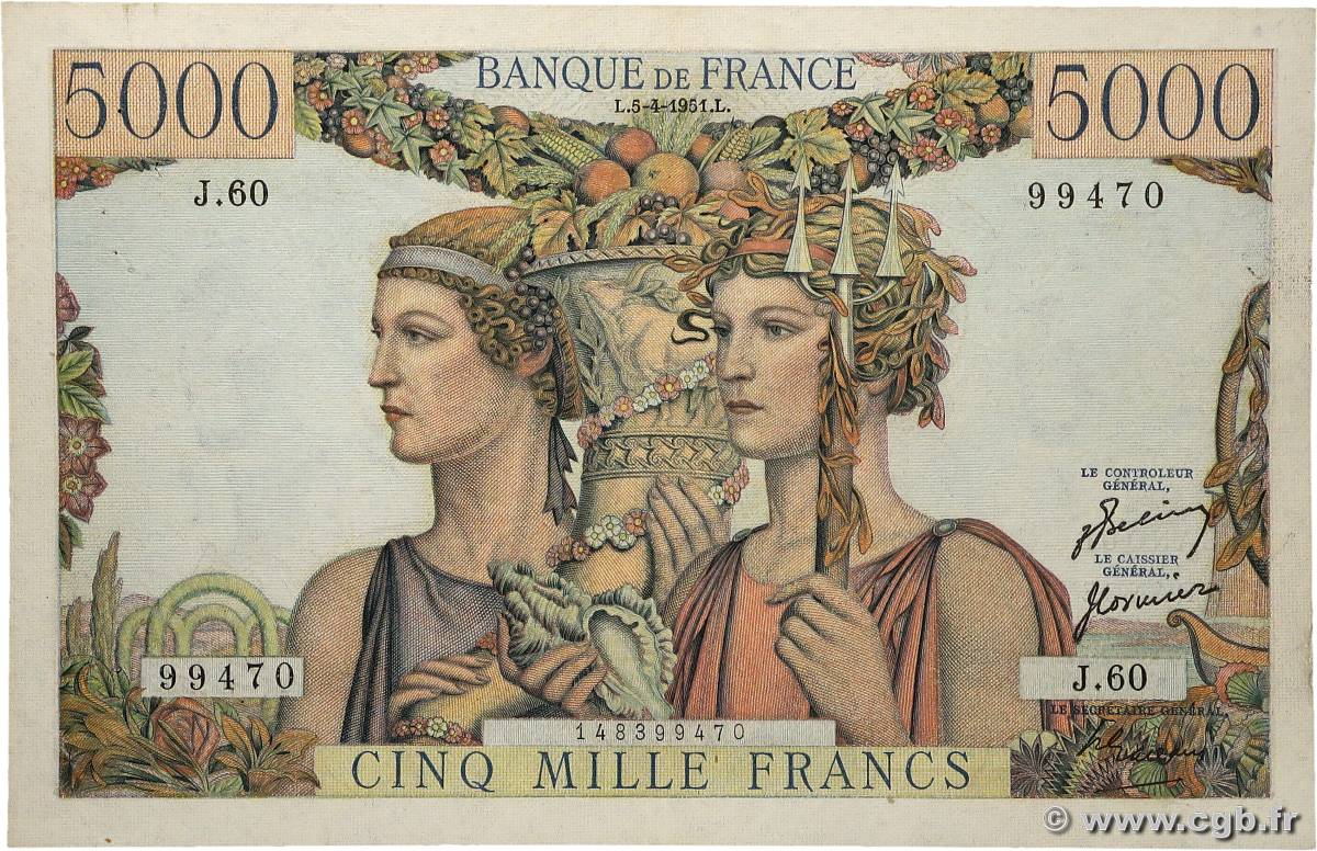 5000 Francs TERRE ET MER FRANCIA  1951 F.48.04 EBC