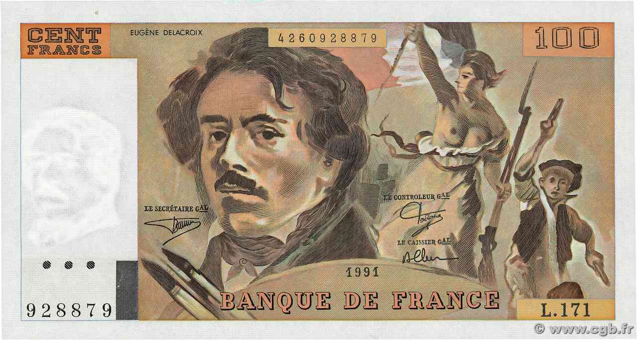 100 Francs DELACROIX imprimé en continu FRANCE  1991 F.69bis.03a2 NEUF