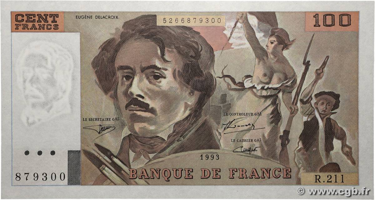 100 Francs DELACROIX imprimé en continu FRANCIA  1993 F.69bis.05 q.FDC