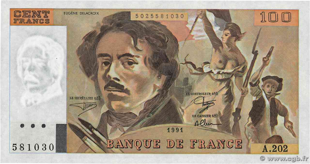100 Francs DELACROIX imprimé en continu FRANCIA  1991 F.69bis.03c1 FDC