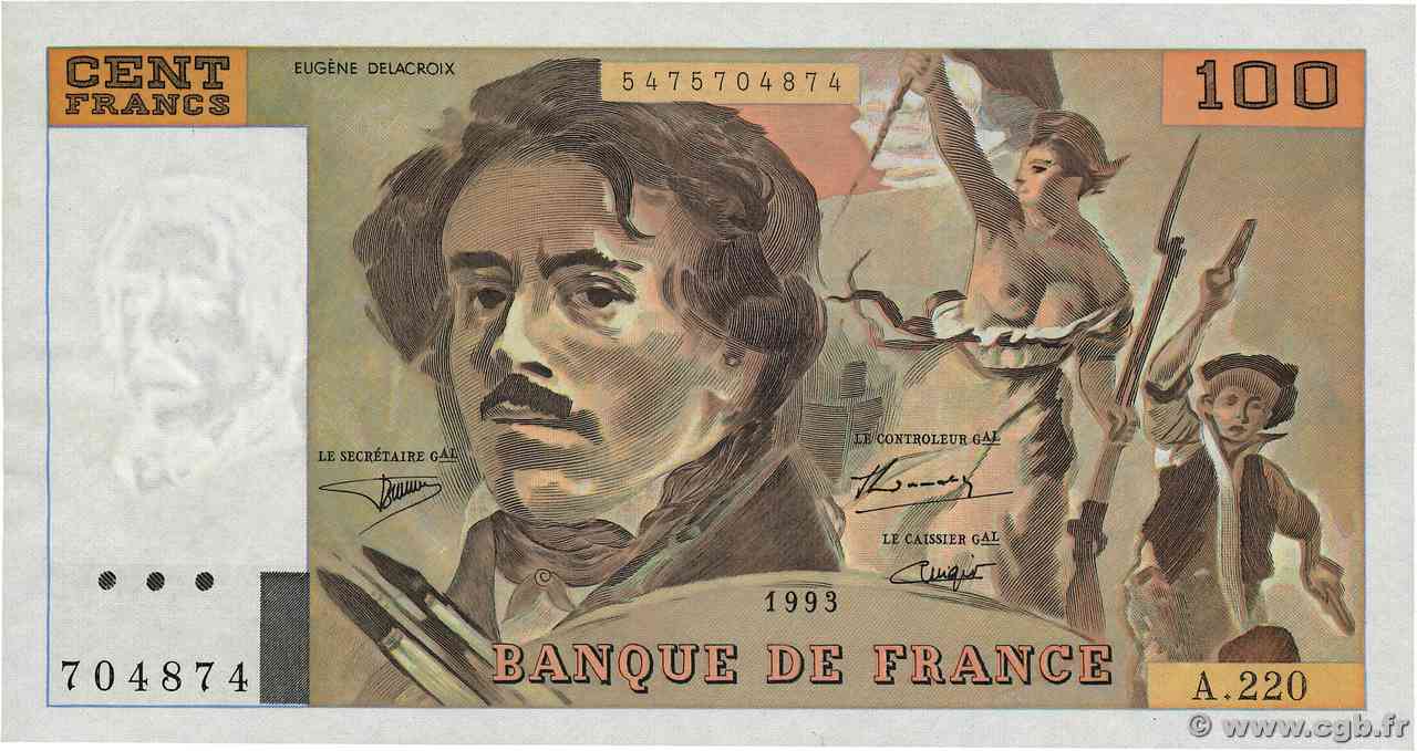 100 Francs DELACROIX imprimé en continu FRANCE  1993 F.69bis.07 SUP+