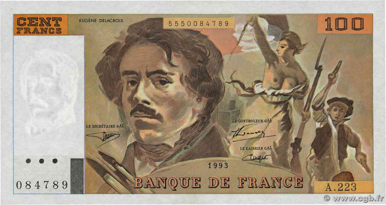 100 Francs DELACROIX imprimé en continu FRANCE  1993 F.69bis.07 XF+