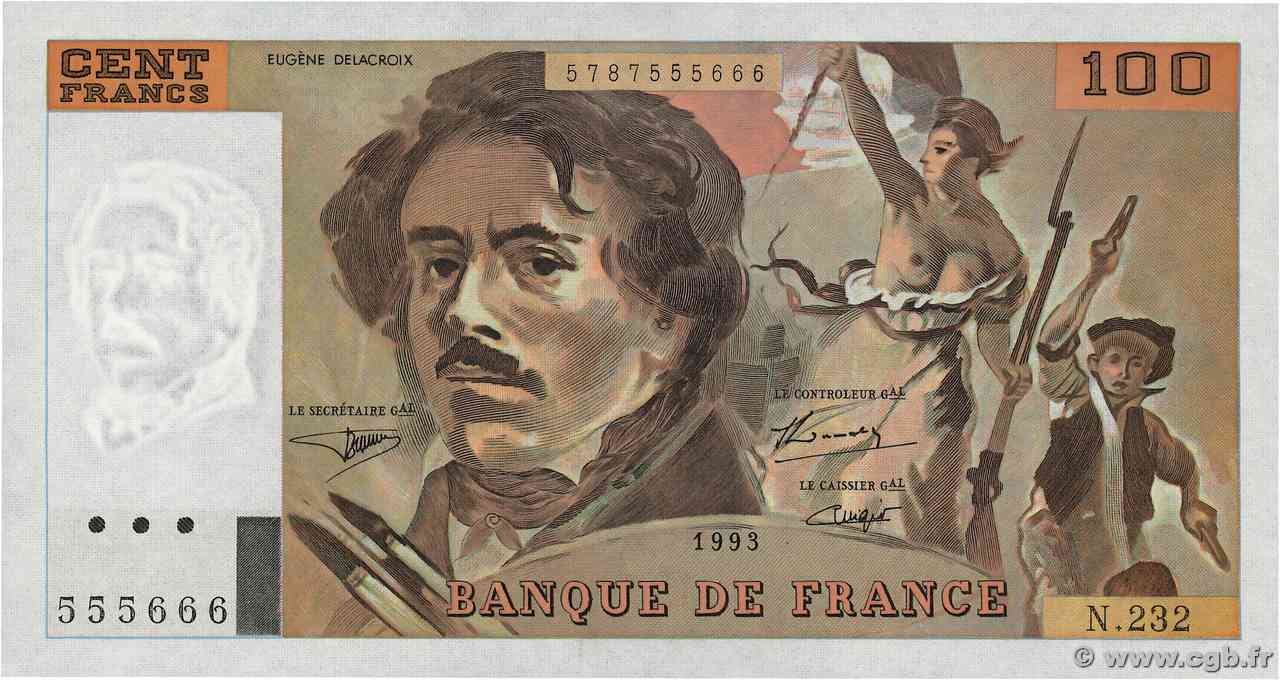 100 Francs DELACROIX imprimé en continu Numéro spécial FRANCIA  1993 F.69bis.08 FDC