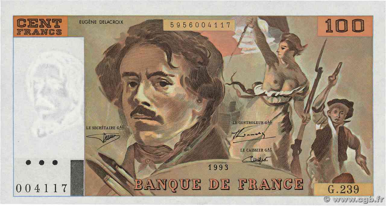 100 Francs DELACROIX imprimé en continu FRANCE  1993 F.69bis.08 NEUF