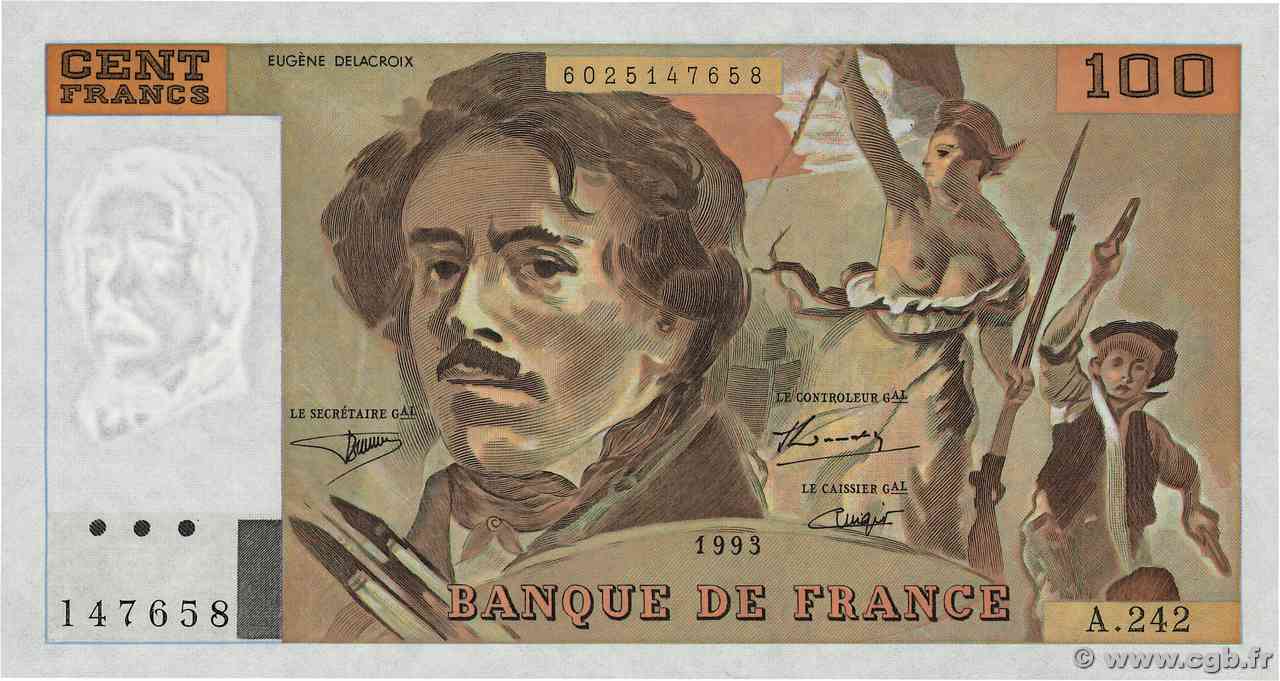 100 Francs DELACROIX imprimé en continu FRANCE  1993 F.69bis.08 NEUF