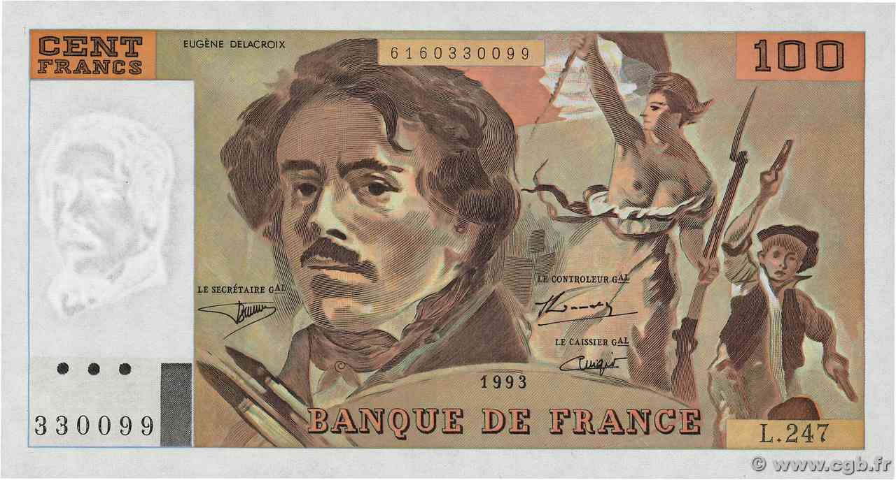 100 Francs DELACROIX imprimé en continu Numéro spécial FRANCIA  1993 F.69bis.08 FDC